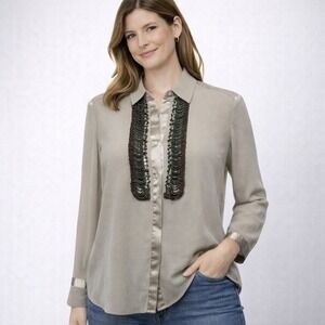 Coldwater Creek Beaded Embellished Sheer Button Up Shirt Taupe XL Elegant Luxe